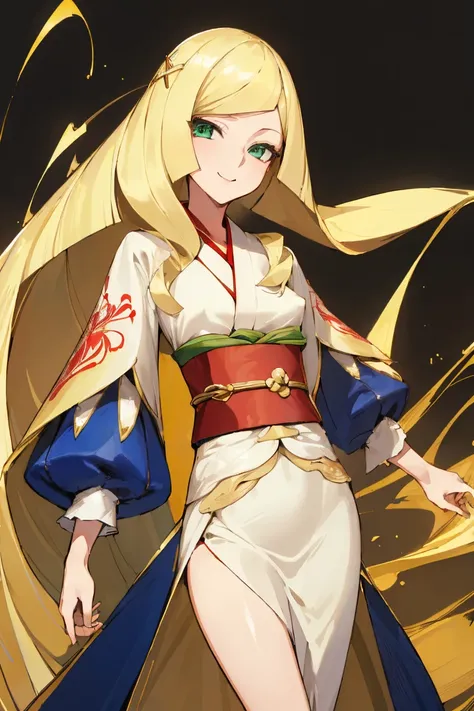 ((Highest quality)), ((masterpiece)), (Familiar), Lusamine,thin,Long blonde hair,Small breasts,Small breasts,Erect nipples,Adult female,Green Eyes,Slanted Eyes,kimono,華麗な赤いkimono,Gold embroidery,hairpin,Captivating smile