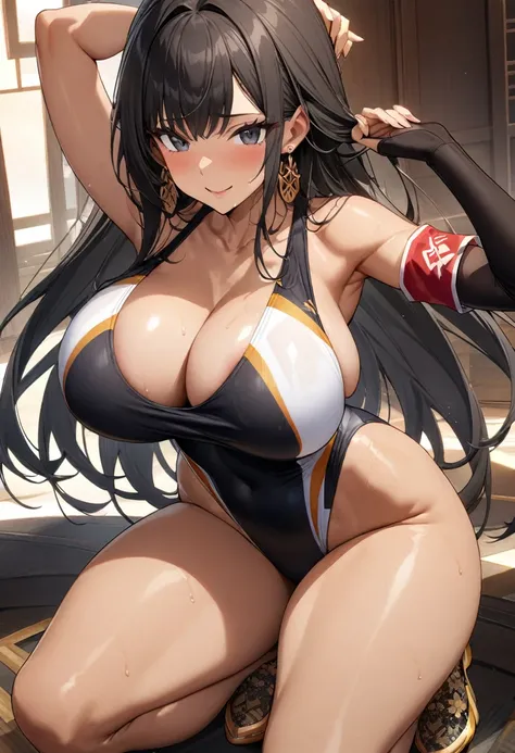 (masterpiece), (best quality), (Extremely detailed),Extremely detailed CG unity 8k wallpaper,Official Art,Expressive eyes,Solitary, (Arm stretch, Smile 1.2), (1 Girl, Mature female, Large Breasts, Big Ass，Black Hair, Long hair, black eyes, Dark-skinned wom...