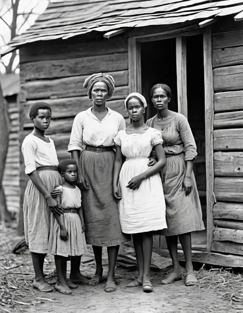 black and white photography, a black slave family during the american civil war, parents, and three young children, shack, hi de...