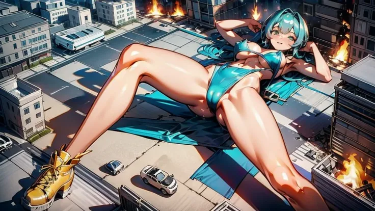 Giantess with firm , long sexy legs, yellow hair and in bikini is lying on the ground, while the city at her feet burns in flames for the destruction she has caused, while people run away from her, so as not to die crushed by her heels. Giantess, goddess, ...