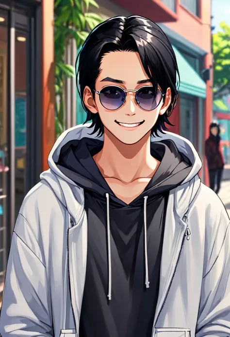 1 boy, black hair large shoulder tied in a man bun , black eyes, clear skin, place sunglasses over your eyes, hoodie, smiling