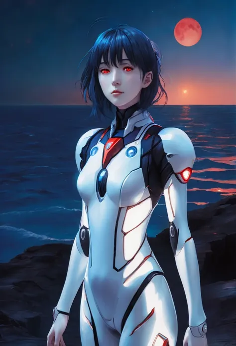 Pale girl with red eyes。Wearing a plug suit。Hair color is light blue。Standing on the red sea with the moon in the background。
In an Evangelion-like worldview、Photorealistic look。The atmosphere is dark fantasy