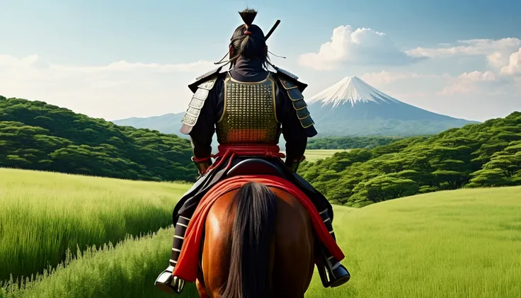 Manga style,Illustrated style,Traditional Japanese samurai armor,Back view,Japanese Landscape,Summer steppe,Fresh greenery,Samurai on horseback,Vibrant colors,Serene atmosphere