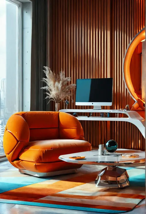 There is a table，There is a monitor on it，There is a chair in front, Futuristic interior, Futuristic Room, Retro-futuristic apartment, Futuristic Room背景, A futuristic living room, Futuristic architecture, Desktop Photography,  - Inner Air, Detailed futuris...