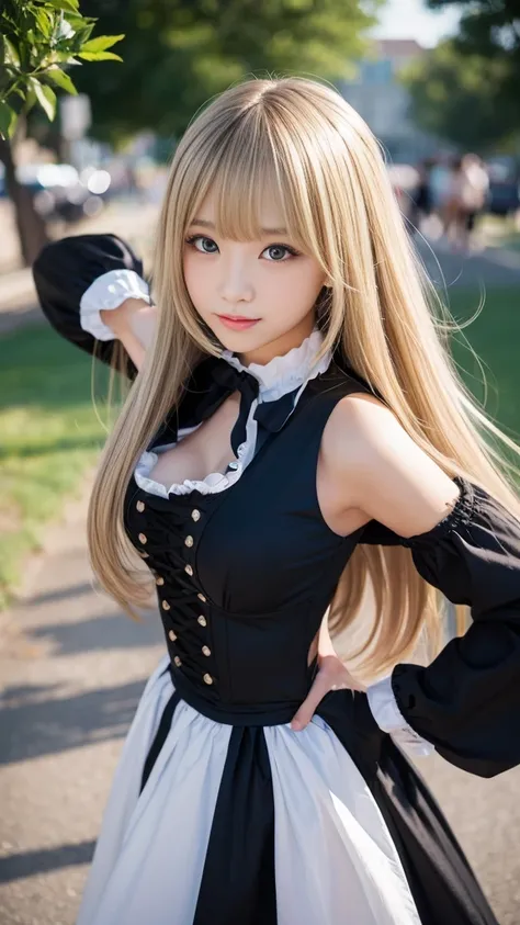 Sexy Big 、Sexy cute looks and cute 15 year old beautiful girl, beautiful and sexy face、A strong wind blows my hair in front of my face、length, Metallic blonde straight hair、beautiful, Cute and sexy eyes hidden behind long bangs, Gothic Maid BREAK Ceremony,...