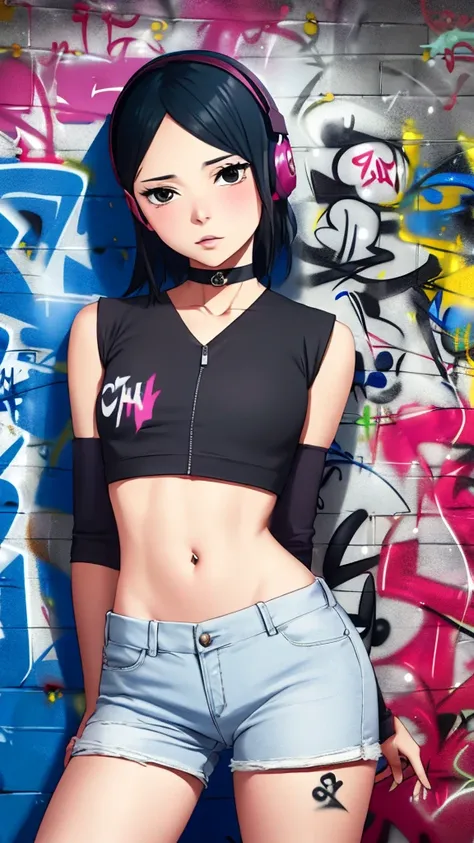 masterpiece, best quality, 1girl, solo, crop top, denim shorts, choker, (graffiti:1.5),  arms behind back, against wall, looking at viewer, armband, thigh strap, head tilt, bored, black hair, Black eyes, headset, Sarada Uchiha.