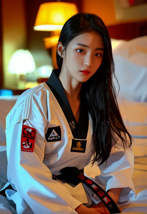 masterpiece, ultra details, best quality, 1 korean taekwondo girl, masterpiece, ultra details, best quality, black long straight hair, wearing sweaty white World Taekwondo Federation dobok uniform with black v-neck, wearing taekwondo blackbelt, wearing whi...