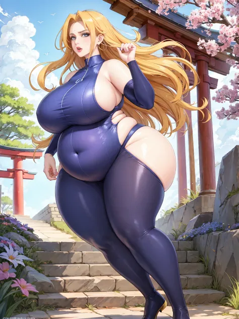 (masterpiece, best quality:1.2), 1girl, solo,mature_lady, delicate face,detail eyes,floating hair,medium breasts, (Tight Combat Suit:1.2),,tsunade_(naruto),Wallpaper Fusion, dappled sunlight, day light rays, nature, outdoors, path, plant, purple flower, sc...