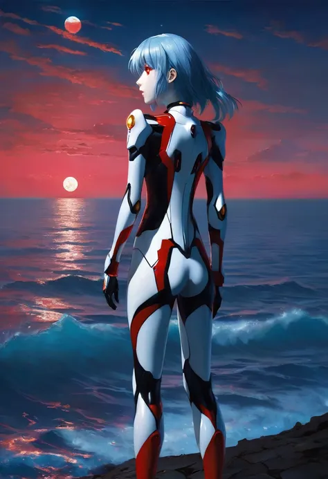 Pale girl with red eyes。Wearing a plug suit。Her hair is light blue and short。Standing on the red sea with the moon in the background。
In an Evangelion-like worldview、Photorealistic look。The atmosphere is dark fantasy