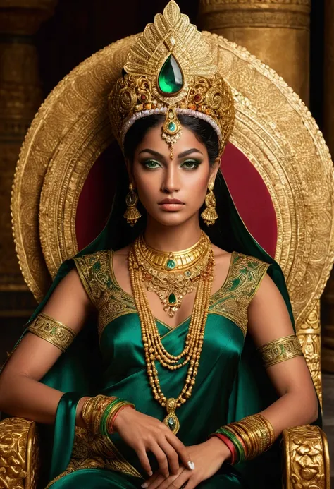 Empress of a powerful ancient civilization, Exotic and striking beauty with olive skin, piercing green eyes, and full lips. Her features are adorned with intricate gold jewelry and gemstones, including a bejeweled headdress, nose ring, and face markings. S...