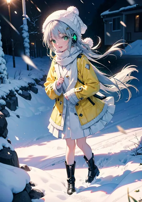 index, index, (green eyes:1.5), silver hair, long hair, (flat chest:1.2),happy smile, smile, open your mouth,knitted hat,yellow ...