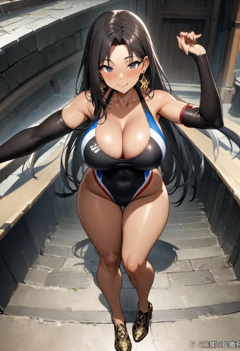 (masterpiece), (best quality), (Extremely detailed),Extremely detailed CG unity 8k wallpaper,Official Art,Expressive eyes,Solitary, (Arm stretch, Smile 1.2), (1 Girl, Mature female, Large Breasts, Big Ass，Black Hair, Long hair, black eyes, Dark-skinned wom...