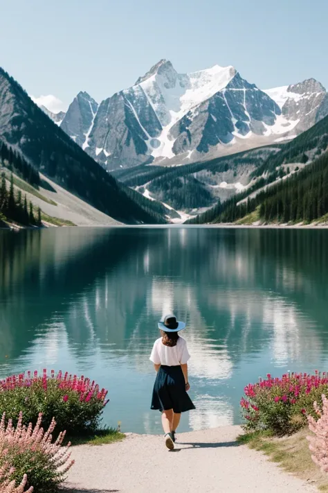 Create an illustration of someone walking along a lake surrounded by mountains and peonies.