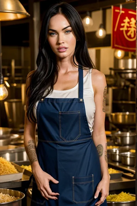 megan fox as worker,wearing apron,working at asian night market,emblem lighting,