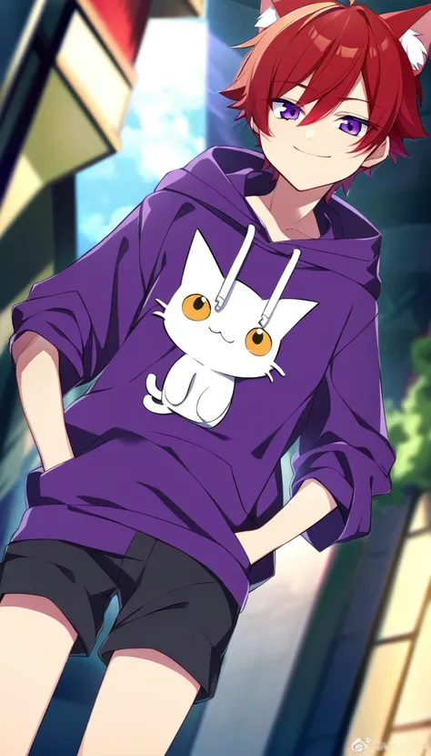 oe boy, cat ears, hoodie, cute, cool, lovely, naive, short pants, handsome, shota, purple eyes, cowboy shota, smile peacefully, stare at me, red hair, cowboy shot