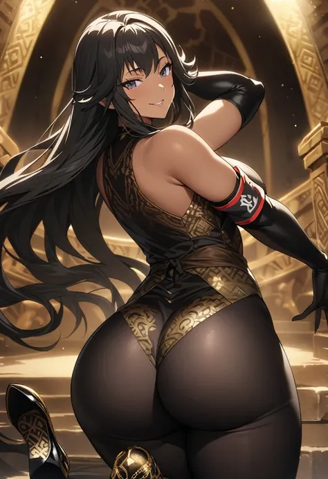 (masterpiece), (best quality), (Extremely detailed),Extremely detailed CG unity 8k wallpaper,Official Art,Expressive eyes,Solitary, (Arm stretch, Smile 1.2), (1 Girl, Mature female, Large Breasts, Big Ass，Black Hair, Long hair, black eyes, Dark-skinned wom...