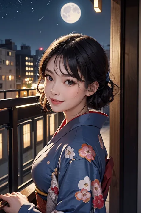 (masterpiece), best quality, expressive eyes, perfect face, At night, under the city lights, on a balcony of an apartment, a A beautiful black-haired woman in a kimono drinks beer, smiling, under the moon and stars, feeling the night breeze.