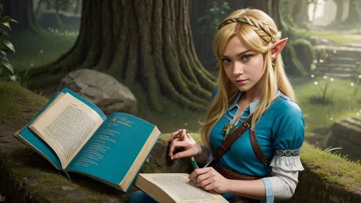 princess zelda, 1girl, artist request, belt, blonde hair, blue shirt, book, boots, expressionless, full body, green eyes, highres, looking at viewer, magic, nintendo, pants, pointy ears, shirt, short hair, simple background, solo, the legend of zelda, the ...