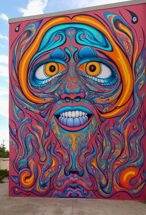 A unique and mind-bending wall painting that combines elements of surrealism and psychedelia, with bold and contrasting colors and unexpected imagery.