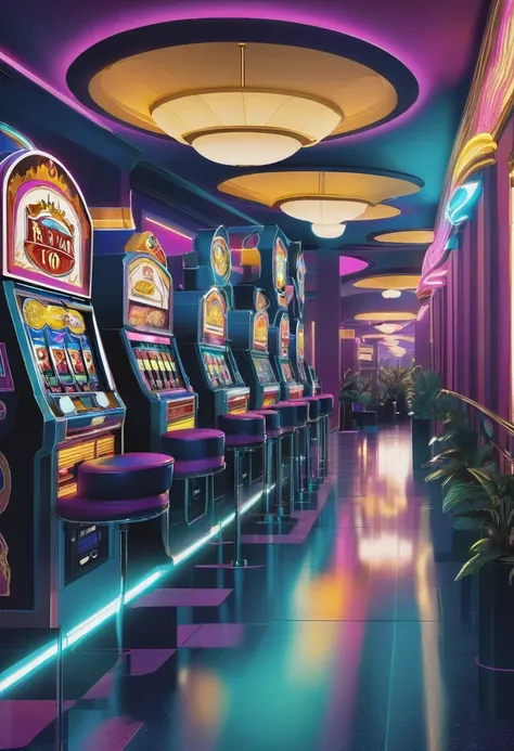 neo-vintage reverie" reimagines in an illustration elements of a gaming casino style of past decades with a modern and futuristi...