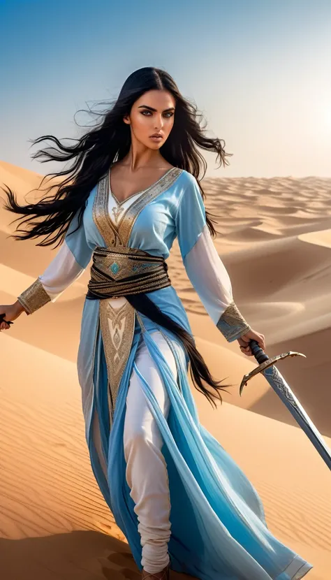 Extremely gorgeous, stunning beauty, beautiful and dangerous desert princess holding two arabic swords in hands, standing in dynamic action pose, delicate but strong, long straight black hair and blue eyes, light arabic tunic, detailed ornates, immersive b...