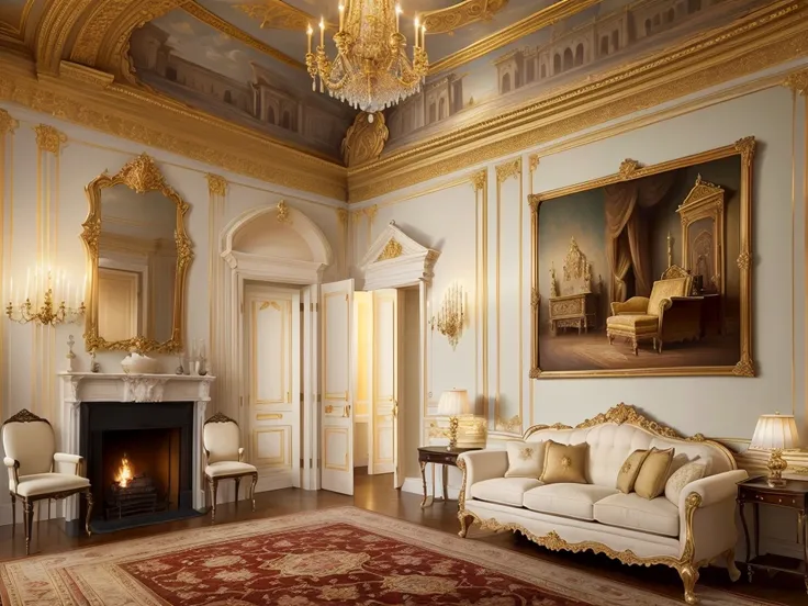 Room with Fireplace，There is a painting on the wall, Palace scene, elegant and extremely ornamental, Italian masterpiece, Royal interior, A small interior, Vatican Map Room, A masterpiece with great detail, living room, In a gorgeous room, Art, An extraord...