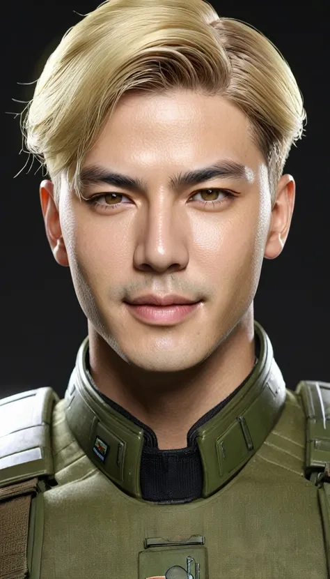 (((Ultra-realistic)))、(((Ultra-futuristic male soldier)))、Handsome male soldier High definition　Realistic　(((mature blonde boy)))、(((Breasts) big)))、Smooth skin、超High resolution、Realistic、Full figure、smile、Handsome middle-aged man、Handsome male soldier 、ha...