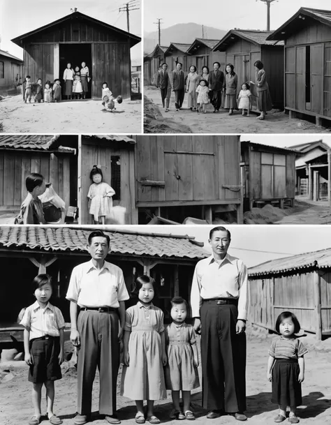 black and white photography、photographed in 1942、manzana－a photo of a japanese family held in the lu internment camp、prefab shed...