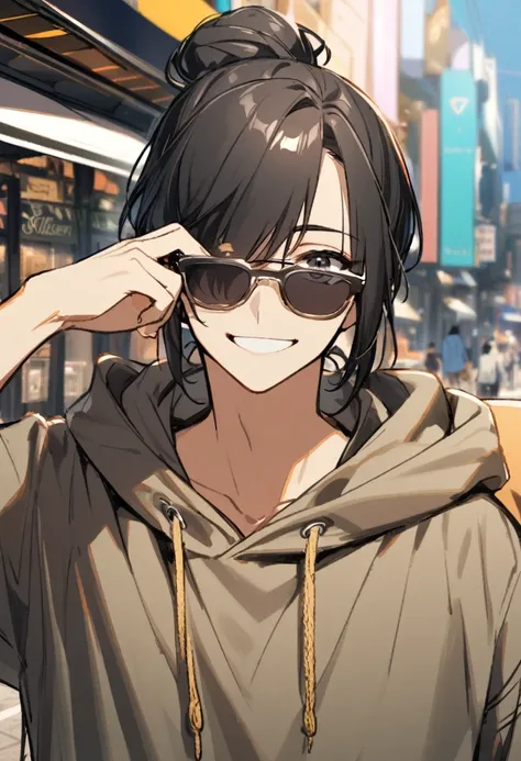 1 boy, black hair large shoulder tied in a man bun , black eyes, clear skin, place sunglasses over your eyes, hoodie, smiling