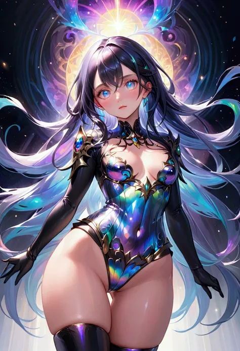 (masterpiece), best quality, expressive eyes, perfect face, Adult Female,long dark iridescent hair, iridescent eyes, small waist, , large thighs, focus on legs