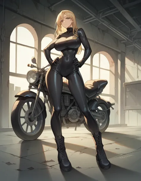 Masterpiece, best quality, Masterpiece, best quality, 1 woman, long blonde hair , Tight black leather motorcycle suit , big breasts , abdomen , Long legs , Put your hands on your hips.. , boots , full body , abandoned factory , at night