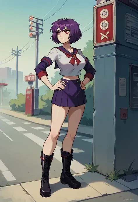 Masterpiece, best quality, high resolution, 1 woman , straight purple hair , bob , red eyes , Cold expression , sailor shirt , short skirt , boots, Long legs , full body , abdomen , big breasts , Put your hands on your hips. , roadside