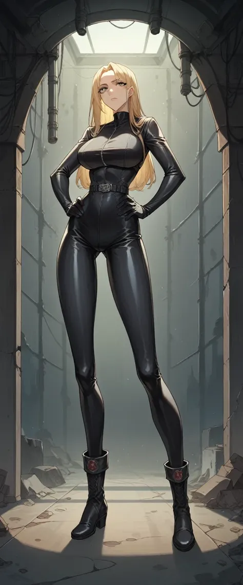 Masterpiece, best quality, Masterpiece, best quality, 1 woman, long blonde hair , Tight black leather motorcycle suit , big breasts , abdomen , Long legs , Put your hands on your hips.. , boots , full body , abandoned factory , at night