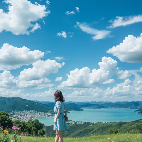 Summer landscape girl sky blue