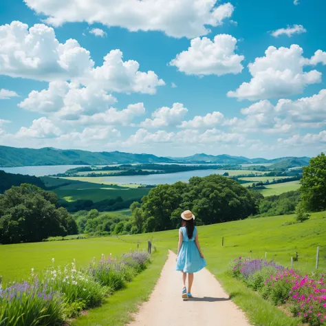 Summer landscape girl sky blue