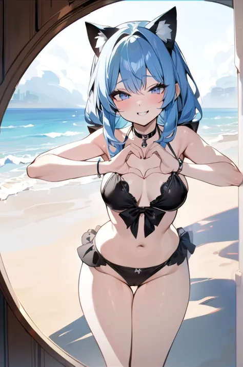 Masterpiece, best quality, nsfw ,1 girl,heart hands,beach,Blue hair,cat ear, 
Black bikini, cute pose,smile,gothic