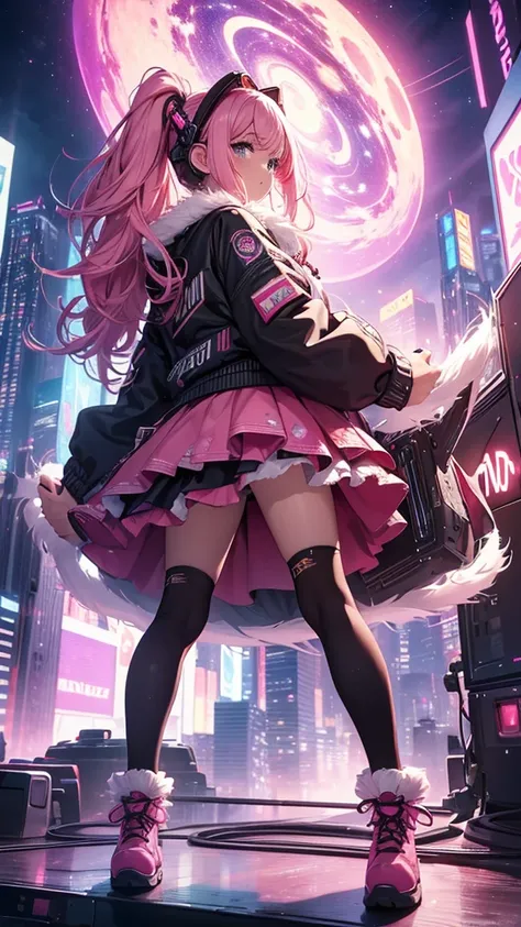 high resolution, Best Quality, Masterpiece, very high image quality, ultra detailed, Hyper realistic, 3D, cheered up, illustrations, Fancy, hard rock girl, very beautiful cute, pink wavy fur, side braid, mini skirt, socks, engineer boots, cyber punk city g...