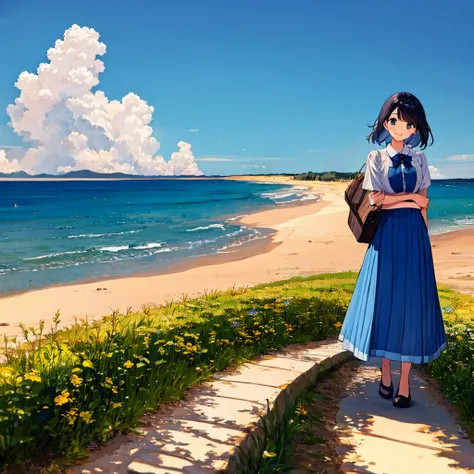 Summer landscape girl sky blue