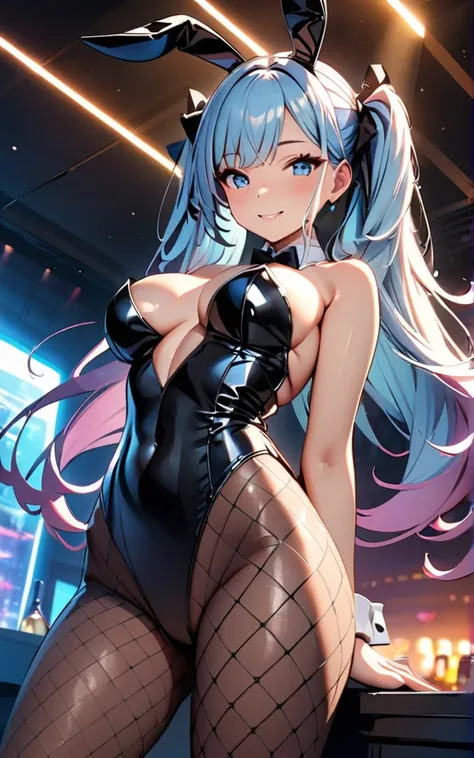 (Highest quality:1.2, High detail, masterpiece:1.2, Best aesthetics), (1 Girl), Cowboy Shot, ((Playboy Bunny, Fishnet tights:1.2, Bunny ears, ハイレグ leotard, 白leotard:1.1, leotard)), (Light blue hair, Twin tails, Asymmetrical bangs, Bright Blue Eyes), Beauti...