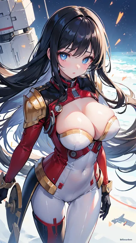 1female，35yo，plumw，extremely large bosom， solo，（Background with：Huge machinery，droid，aerodrome，Planes，Huge mechanical armor，） She has long black hair，Stand on the plane，，seen from the front， hair straight， mostly cloudy sky，（（（tmasterpiece），（Very detailed ...