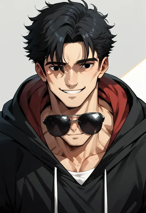 1 boy, black hair large shoulder tied in a man bun , black eyes, clear skin, place sunglasses black over your eyes, hoodie, smiling