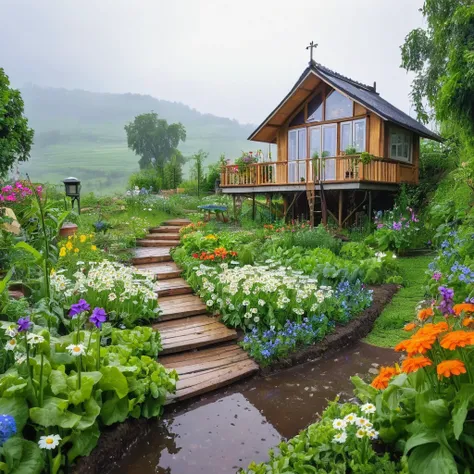 view from far, cottage, the sacred symbol of nature, A straw house on the hill (stilt house), garden around the house with vegetables, A pathway to the house with many flowers, white daisys, violets, bluebottles. In front of the house is a valley with vege...