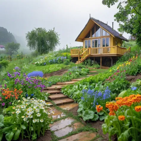 view from far, cottage, the sacred symbol of nature, A straw house on the hill (stilt house), garden around the house with vegetables, A pathway to the house with many flowers, white daisys, violets, bluebottles. In front of the house is a valley with vege...