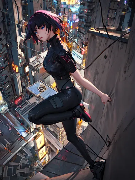 night city background、neon、absurd, highest quality, one girl, alone, view your viewers, eye focus, motoko_kusanagi, black jacket