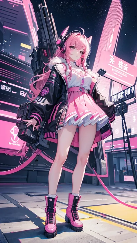 high resolution, Best Quality, Masterpiece, very high image quality, ultra detailed, Hyper realistic, 3D, cheered up, illustrations, Fancy, hard rock girl, very beautiful cute, pink wavy fur, side braid, mini skirt, socks, engineer boots, cyber punk city g...