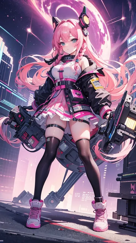 high resolution, Best Quality, Masterpiece, very high image quality, ultra detailed, Hyper realistic, 3D, cheered up, illustrations, Fancy, hard rock girl, very beautiful cute, pink wavy fur, side braid, mini skirt, socks, engineer boots, cyber punk city g...