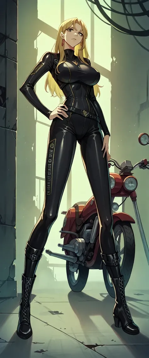 Masterpiece, best quality, Masterpiece, best quality, 1 woman, long blonde hair , Tight black leather motorcycle suit , big breasts , abdomen , Long legs , Put your hands on your hips.. , boots , full body , abandoned factory , at night