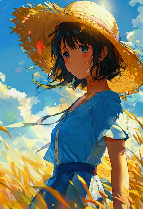 Summer landscape, girl in straw hat, sky blue, sunlight