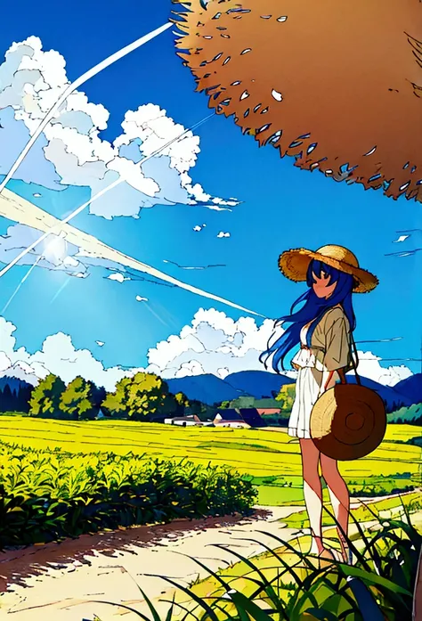 Summer landscape, girl in straw hat, sky blue, sunlight