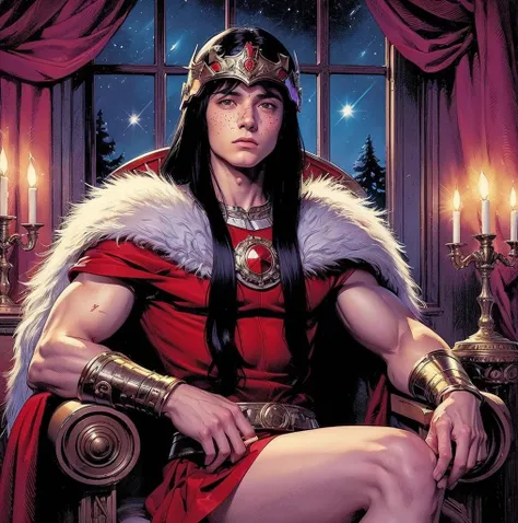 American comic book art: very young man delicate ethereal, very straight dark bluish-black hair long, very young face boy, red diadem helmet on his forehead, delicate tight red and white Sif outft tiny skirt, red shoulder pads, white fur collars, very beau...